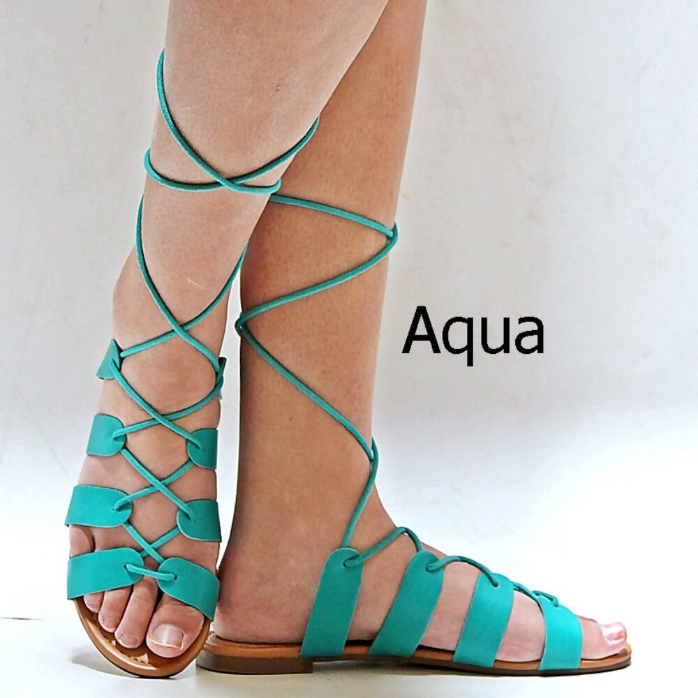 New Womens Aqua Blue Lace Up Gladiator Flat Sandals